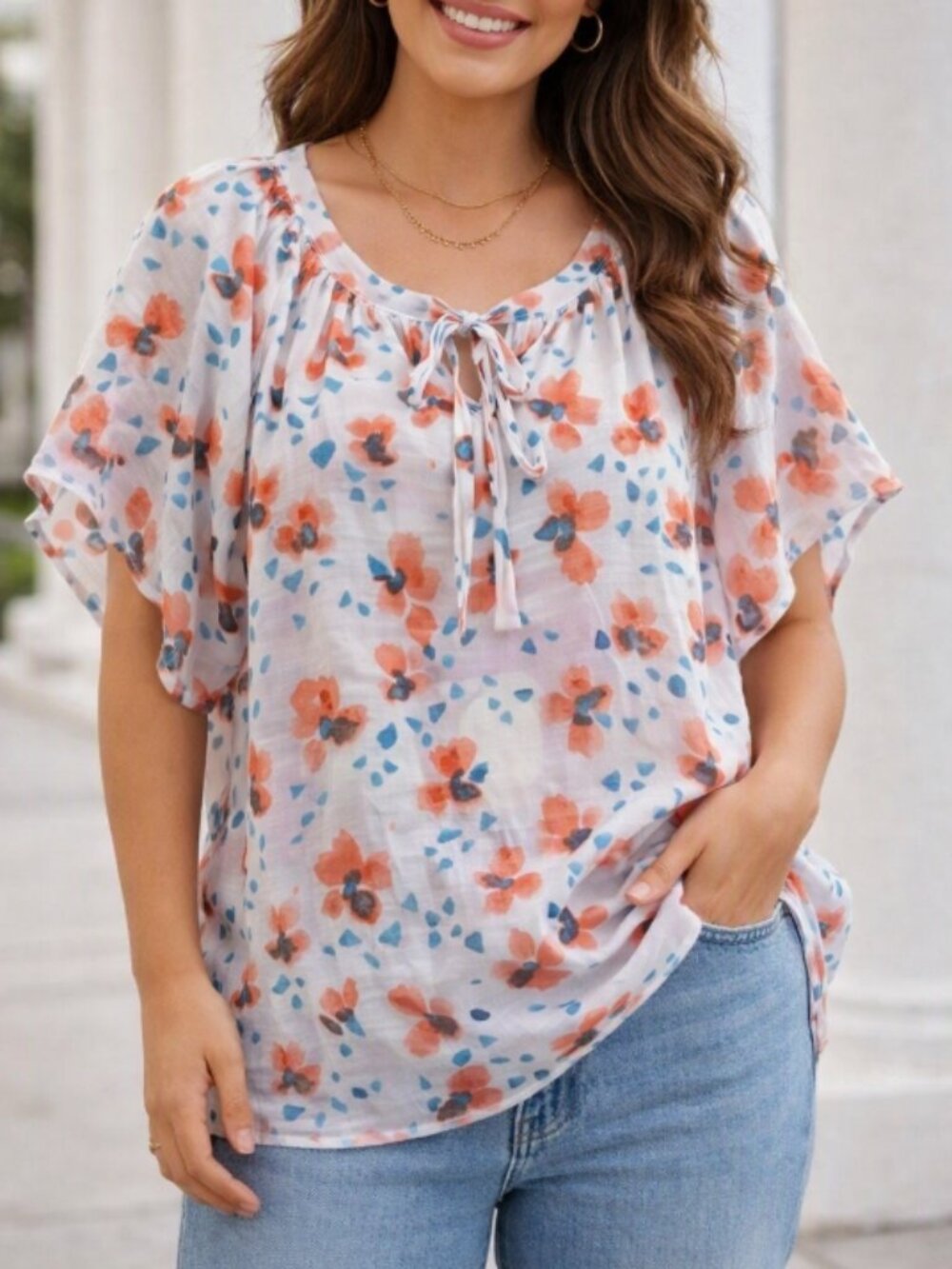 Zac & Rachel Floral Semi-Sheer Blouse Top Shirt XL Boho Chic Tie‑Neck Keyhole